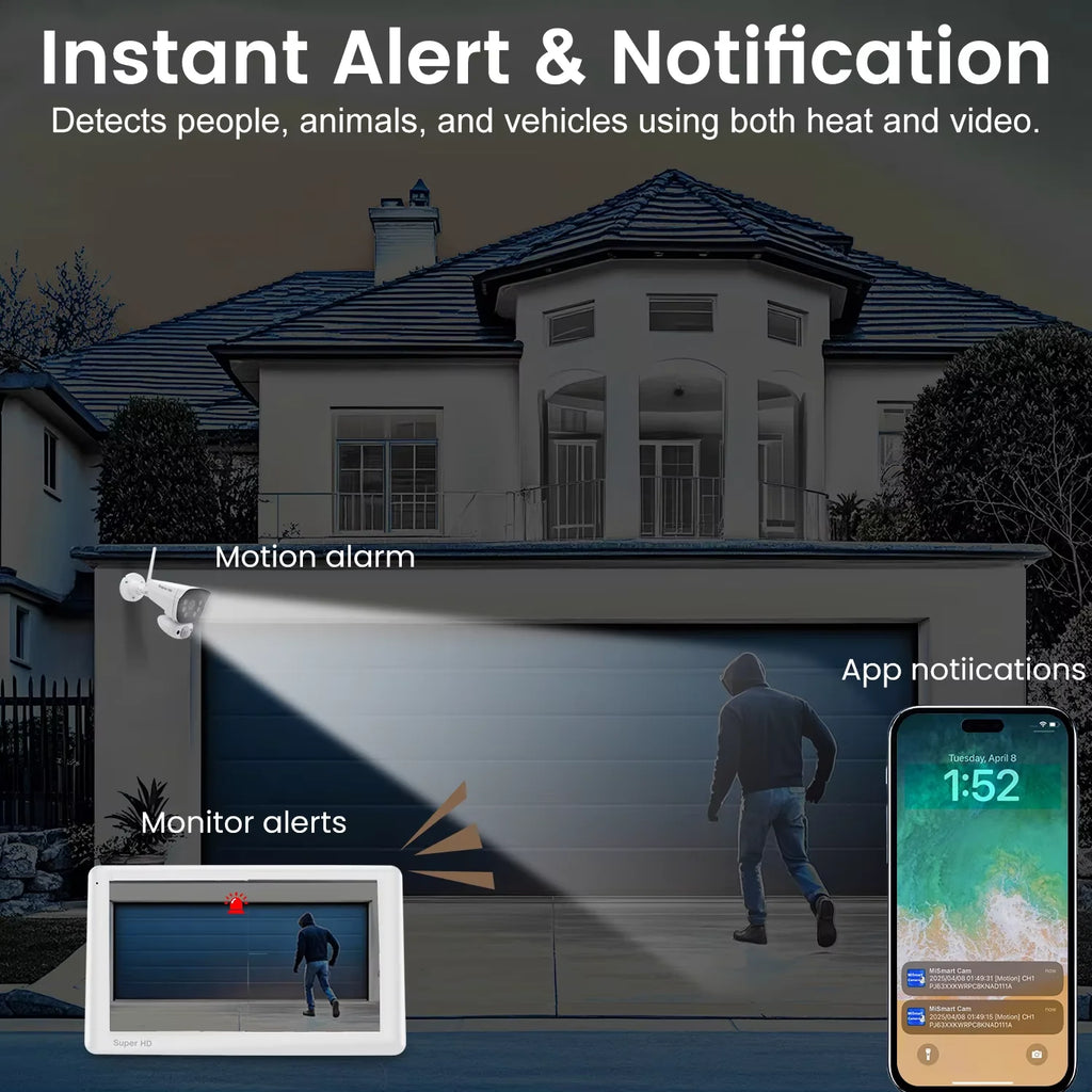 Smart Security Camera System 3MP CMOS 10.1" Touchscreen Monitor Two Way Audio Full Color Night Vision Motion Detection IP65