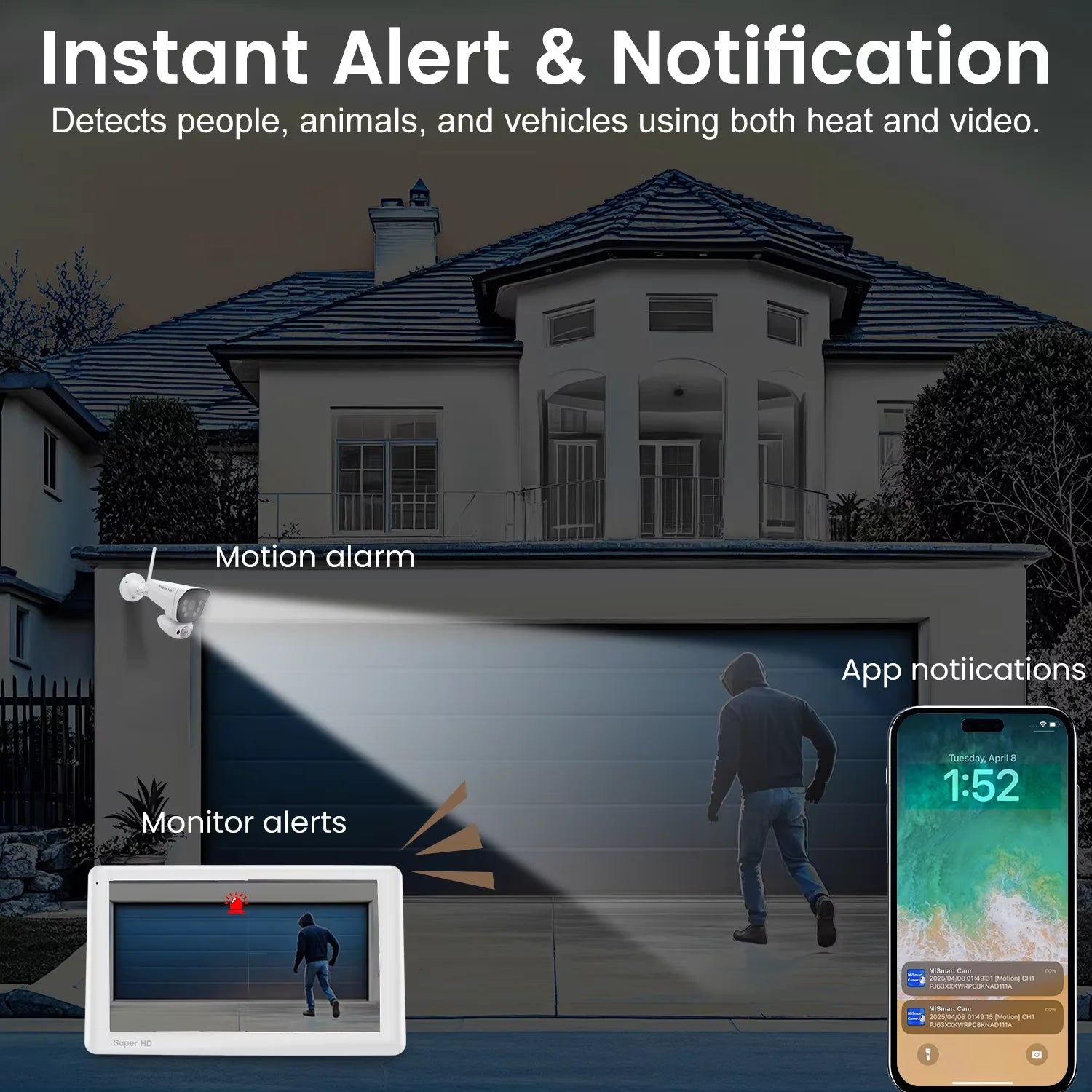 Smart Security Camera System 3MP CMOS 10.1" Touchscreen Monitor Two Way Audio Full Color Night Vision Motion Detection IP65