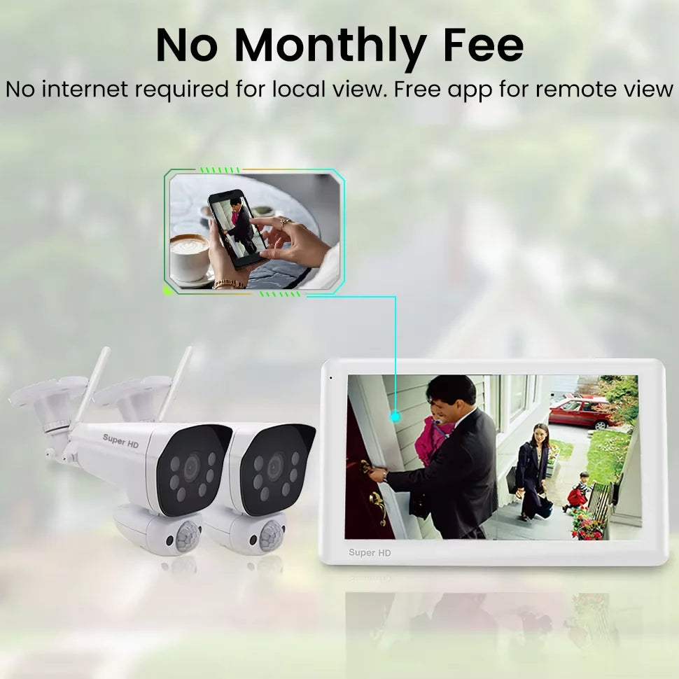 Smart Security Camera System 3MP CMOS 10.1" Touchscreen Monitor Two Way Audio Full Color Night Vision Motion Detection IP65