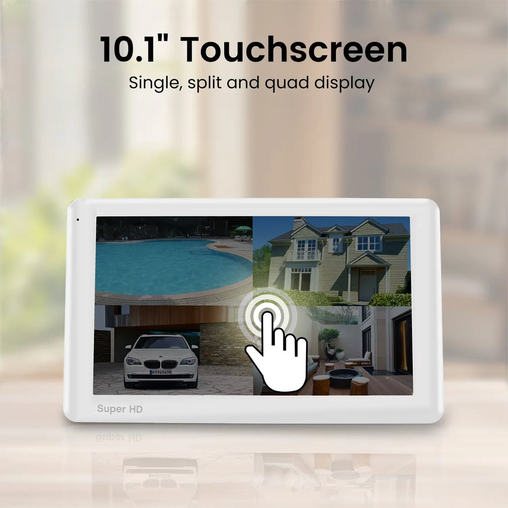 Smart Security Camera System 3MP CMOS 10.1" Touchscreen Monitor Two Way Audio Full Color Night Vision Motion Detection IP65