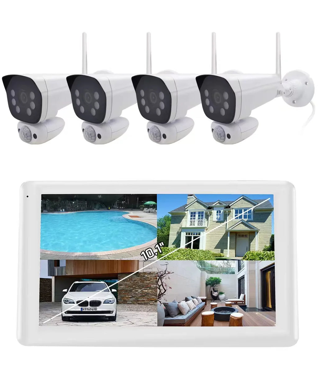 Smart Security Camera System 3MP CMOS 10.1" Touchscreen Monitor Two Way Audio Full Color Night Vision Motion Detection IP65